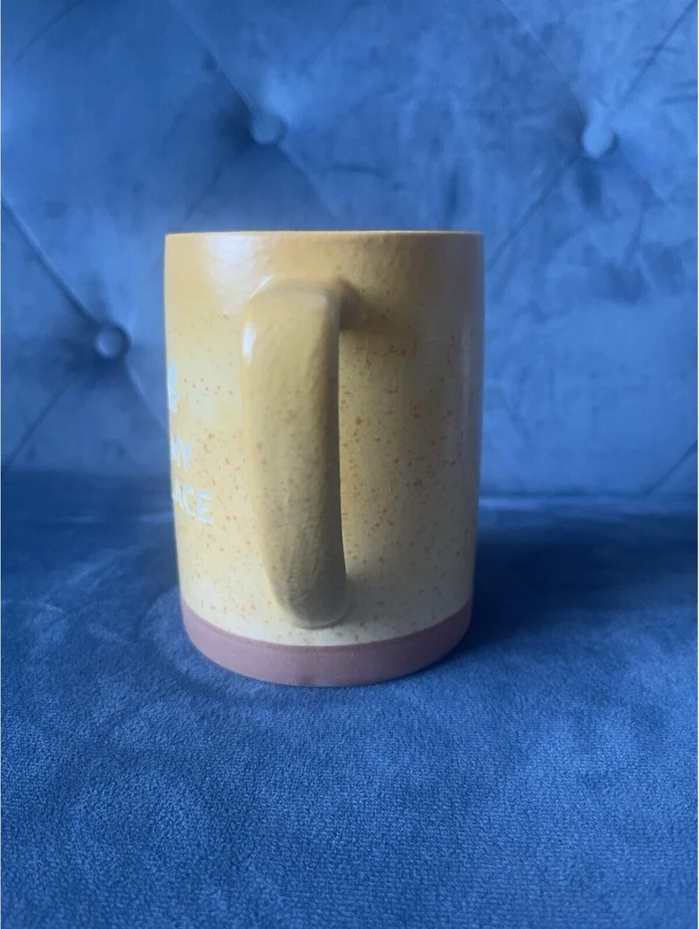 Place & Time Coffee Mug Yellow This Is My Happy Place Handle Large Speckled EUC